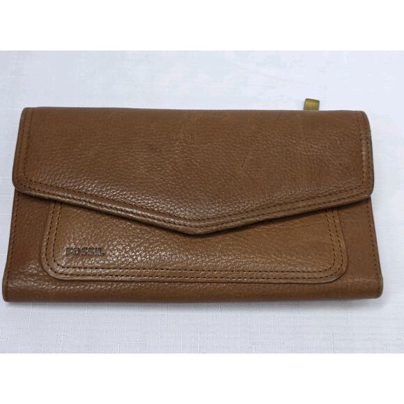 Vintage Fossil Leather Trifold Wallet Camel Brown With Checkbook Cover Slim - Picture 3 of 15